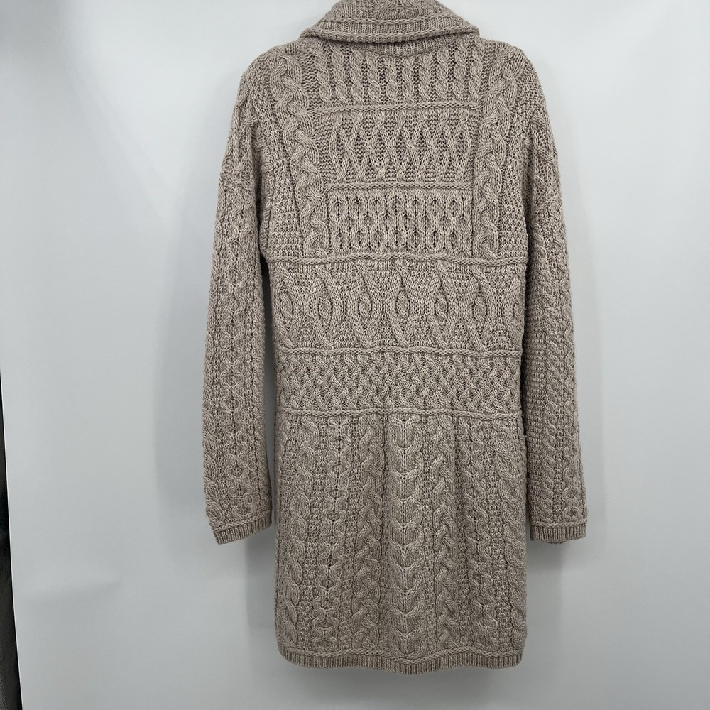 inis crafts merino 100% wool Sweater L Tan Long Full Zip Cable Knit Ireland Boho - Picture 7 of 12
